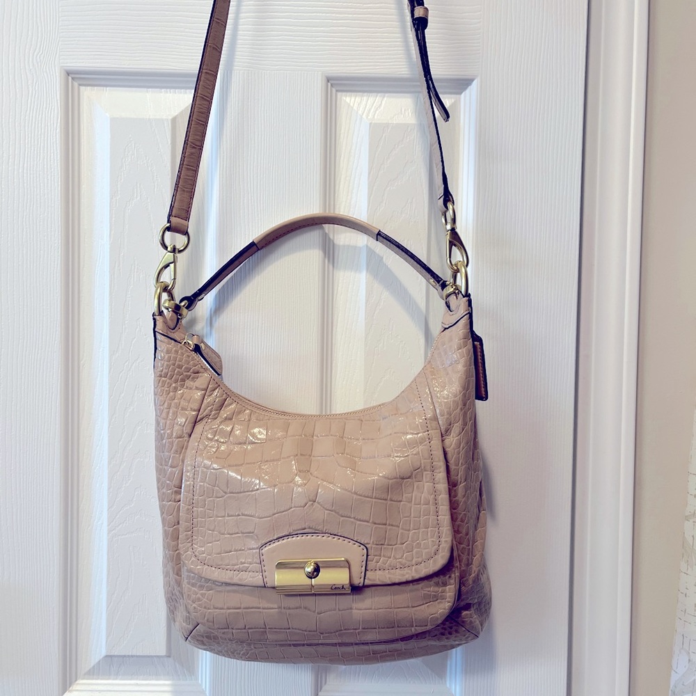 Coach Kristin beige leather crocodile embossed large handbag.